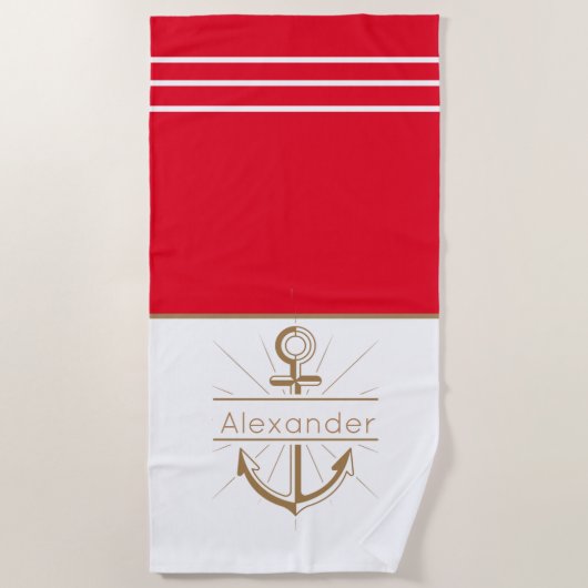 Kaastal Red Anchor Nautical Monogram Name Bath Tow Strandlaken (Voorkant)