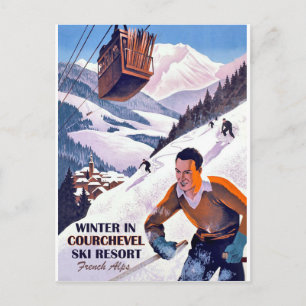 Kabelbaan boven Courcheval, man op ski, vintage Briefkaart