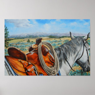 Kabelpaard, zadels, cowboy, berglandschap poster