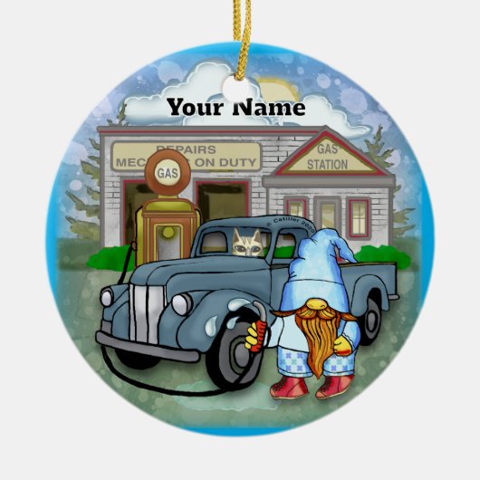 Kabouter Benzinepomp Keramisch Ornament (Voorkant)