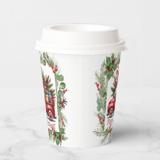 Kabouter in rode vrachtwagen vol cadeaus papieren bekers (Rechts)