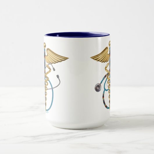 Kaduceus met Geladen Stethoscoop blauw en wit Mok (Midden)