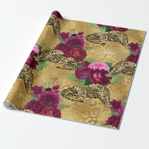 Kaetah Leopard Red Rose Floral Pattern Cadeaupapier