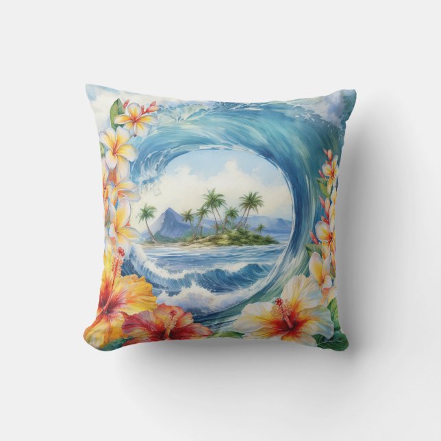 Kai Aloha Hibiscus Waterverf Wave Reversible Buitenkussen (Voorkant)
