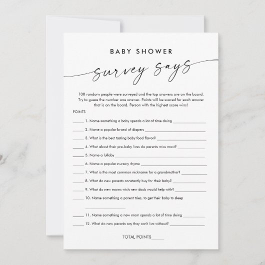 KAIA Baby shower Survey zegt Game Kaart (Voorkant)
