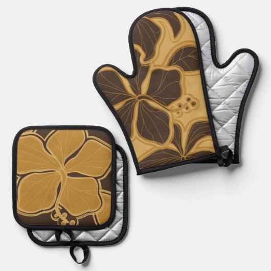 Kailua Hibiscus Hawaiian Floral Gold Brown Ovenwant & Pannenlap Set (Voorkant / Achterkant)
