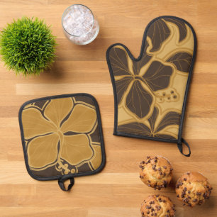 Kailua Hibiscus Hawaiian Floral Gold Brown Ovenwant & Pannenlap Set