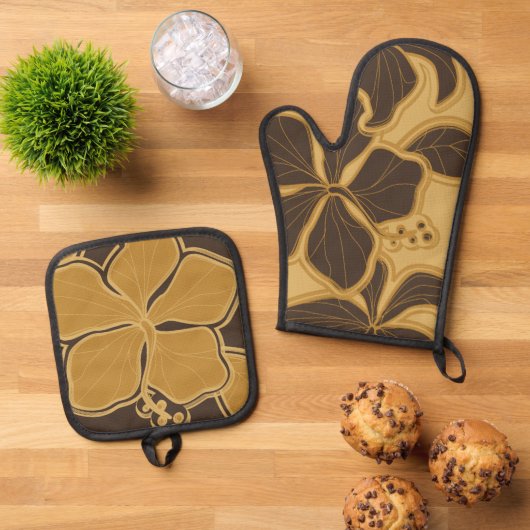 Kailua Hibiscus Hawaiian Floral Gold Brown Ovenwant & Pannenlap Set (Top down)