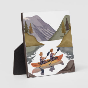 Kajak rijden op het meer   Waterverf van de Natuur Fotoplaat