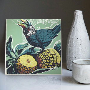 Kaketoes Ananas Avontuur: Mid-Century Geïnspireerd Tegeltje