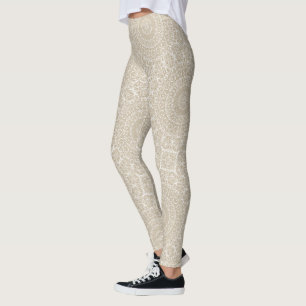 Kaki op Witte Mandala Kaleidoscoop Medaillon Leggings