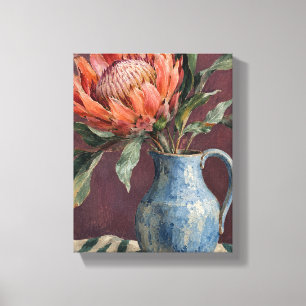 Kaki Protea in een koele blauwe vaas Canvas Afdruk