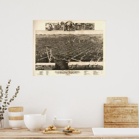 Kalamazoo Michigan 1883 Antiek Panorama Poster (Keuken)