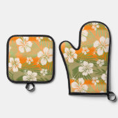 Kalani Tie Dye Blend Tropische Hibiscus Khaki Ovenwant & Pannenlap Set (Voorkant)