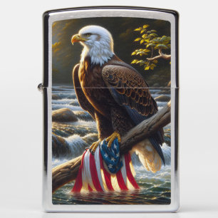 Kale adelaar met Amerikaanse vlag op een tak
