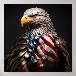 Kale Eagle metalen sculptuur met Amerikaanse vlag Poster
