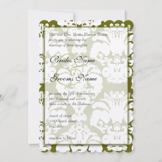 Kale Green Damask Vintage Wedding Invitations (Dos)