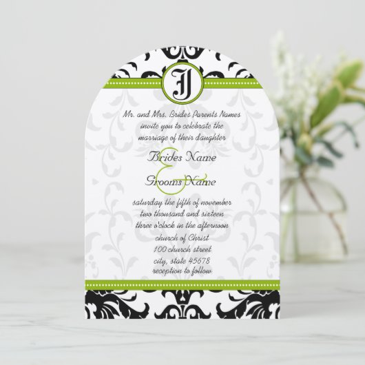 Kale Green Monogram Mariage damassé Invitation (Debout devant)