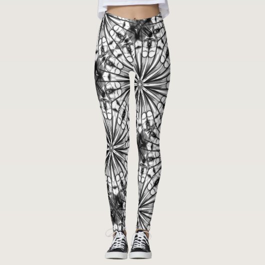KALEIDOSCOPE BLACK WHITE RADIAL REPEAT PATTERN LEGGINGS (Voorkant)