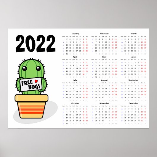Kalender 2022 Poster - maandag start Gratis knuffe (Voorkant)