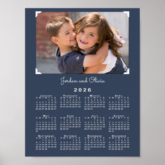 Kalender 2026 met uw foto en naam Navy Blue Poster (Voorkant)