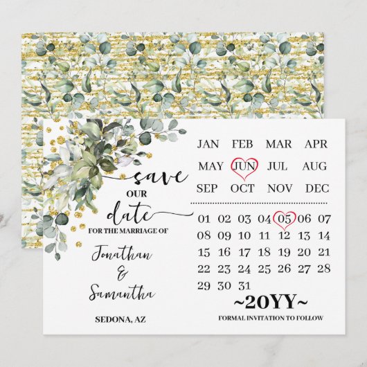 Kalender Eucalyptus Gold Bewaar onze trouwdatum Save The Date (Voorkant / Achterkant)