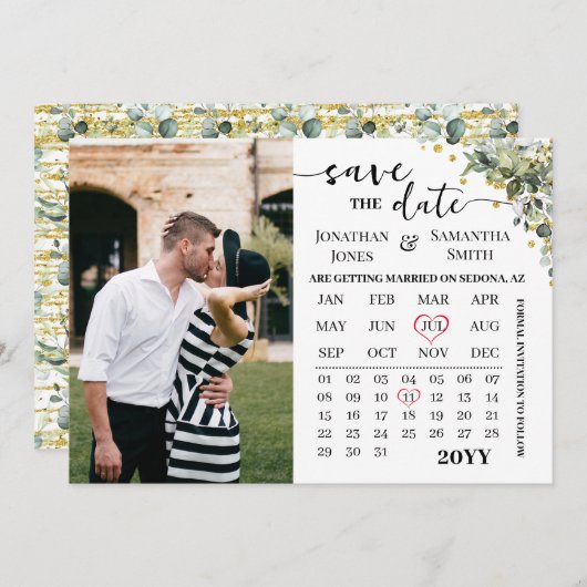 Kalender Eucalyptus Goud Save the Date Bruiloft (Voorkant / Achterkant)