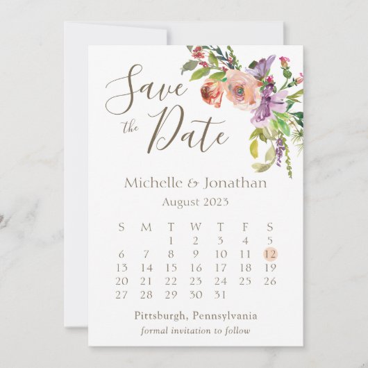 Kalender foto Groene Boho Flowers Weddenschap Save The Date (Voorkant)