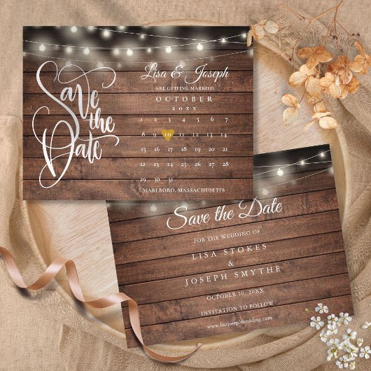 Kalender Gouden Hart Rustieke Houten Save the Date Aankondigingskaart