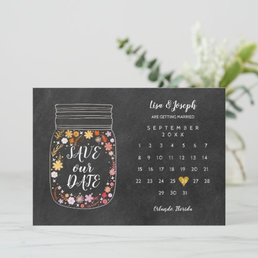 Kalender Hart Mason Jar Chalkboard Save the Date Kaart (Staand voorkant)