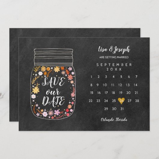 Kalender Hart Mason Jar Chalkboard Save the Date Kaart (Voorkant / Achterkant)