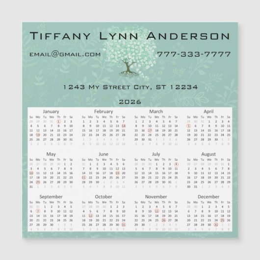 Kalender Heart Leaf Tree Floral Mint Green (Voorkant)