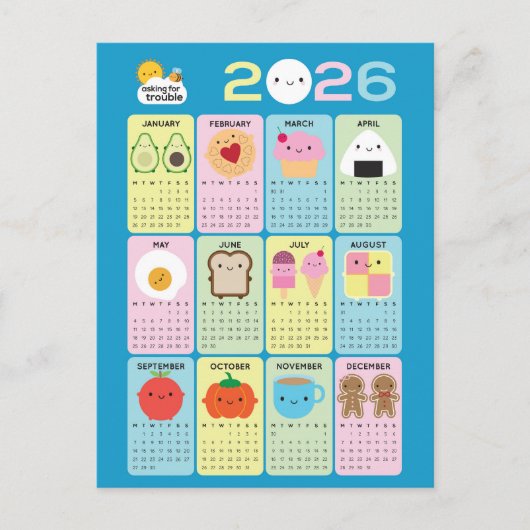 Kalender Kawaii Food 2026 Briefkaart (Voorkant)