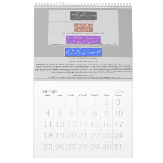 Kalender met 99 namen van Allah (Zwt) - God- (Jan 2026)