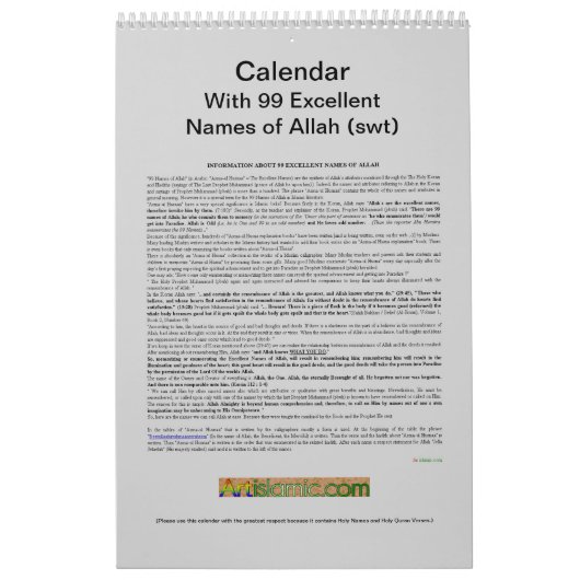 Kalender met 99 namen van Allah (Zwt) - God- (Hoes)