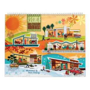 Kalender met huizen in mid-century modern stijl - 