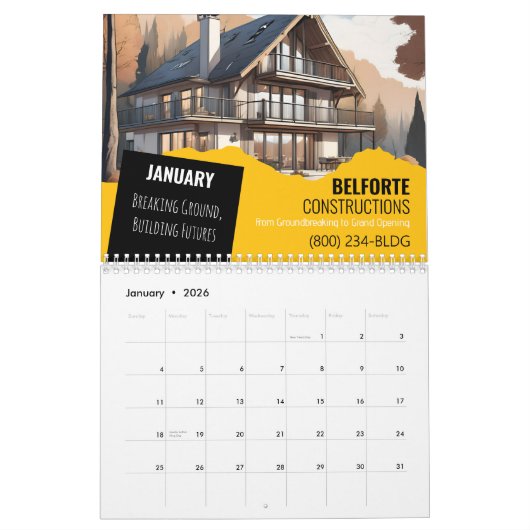 kalender van de bouwmuur | Gele & zwarte kraan (Jan 2026)