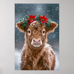 Kalf in de sneeuw met kerstster kroon poster