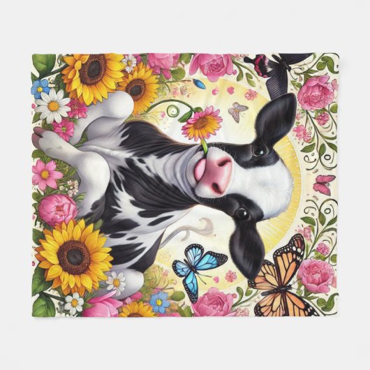 Kalf in een levendige bloementuin en Butterfly Won Fleece Deken (Voorkant (Horizontaal))