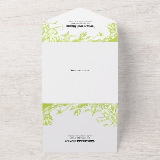 kalk groene lijn bloemen bruiloft all in one uitnodiging (Buitenkant)