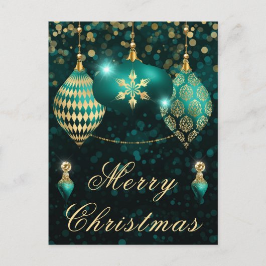 Kalkgroene en gouden glinsterende kerstballen feestdagenkaart (Voorkant)