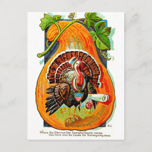 Kalkoen in oranje pompoen, vintage thanksgiving briefkaart