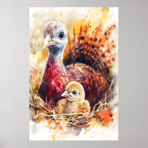 Kalkoen mama en baby waterverf kinderkamer print