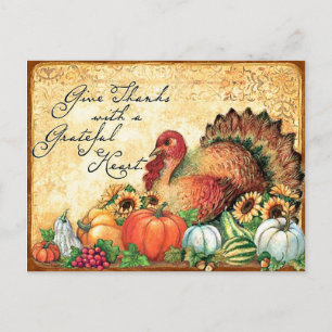 Kalkoen met herfstvruchten, vintage thanksgiving briefkaart