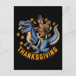 Kalkuun op Thanksgivingdag die op een Tyrannosauru Feestdagenkaart