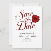 Kalligrafie bewerkbare rode roos bruiloft save the date (Voorkant)