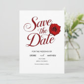 Kalligrafie bewerkbare rode roos bruiloft save the date (Staand voorkant)