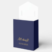 Kalligrafie blauw en goud boarding pass bruiloft bedankdoosjes (Geopend)