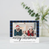 Kalligrafie Blauw Plaid Familie Foto Kerstmis Briefkaart (Staand voorkant)