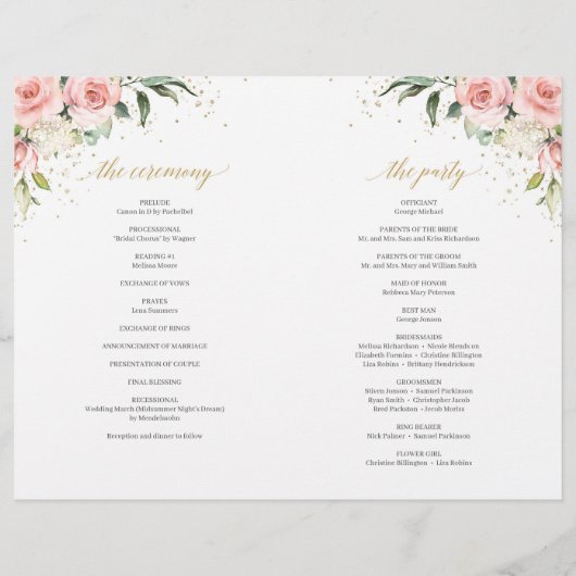 Kalligrafie blush roze rozen goud gevouwen program (Achterkant)